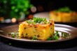 A beautifully plated piece of potato kugel, garnished with a sprig of fresh parsley and a sprinkle of co salt, highlighting its rustic yet elegant appeal.