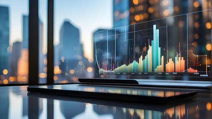 Wall Mural - Financial charts with buildings background. Double exposure background for business and finance concept.