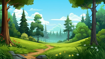 Wall Mural - background for games apps or mobile development. cartoon nature landscape with jungle and blue sky