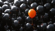 A lone orange balloon floats amid a sea of black balloons, a vivid contrast that draws the eye. Its vibrant hue stands out, symbolizing uniqueness in the midst of darkness.