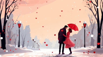 Wall Mural - Couple kiss in winter holiday theme, cartoon. valentine love woman and man winter png like style