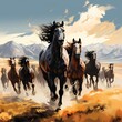 wall art painting with a herd of horses racing through the broad grassland in blue sky view