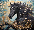 classic painting of Majestic black friesian horse  galloping with gold leaf decoration background