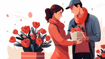 Wall Mural - An Of A Man Gifting A Gardening Kit To His Wife Who Loves Gardening. valentine love woman and man winter png like style