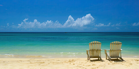 Canvas Print - Chairs on paradise tropical beach, relaxing goals, couple destination, ocean background, generated ai