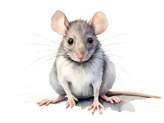 Gray Rat Sitting on Top of White Floor. Watercolor illustration.