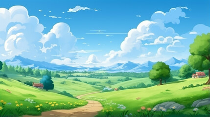 Wall Mural - cartoon nature seamless landscape cloudy bright blue sky with houses