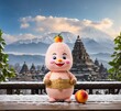 Funny peach mascot character and hindu temple in Bali, Indonesia