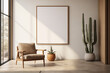 mockup, a blank poster frame on a wall near a chair and cactus in the living room, in the style of large canvas format, light gray and brown, aztec art