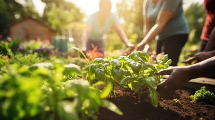 Wall Mural - A group of people harvesting herbs and vegetables from a community garden to be used in a farmtotable restaurant.