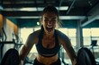 uplifting and motivational scene capturing the joy and dedication of a happy and fit woman in the gym, radiating positivity, healthy lifestyle.