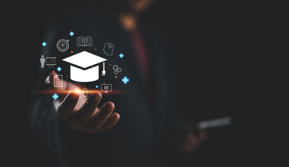 Leinwandbilder - Education technology, e-learning, internet lessons, online webinars are attended by a person, businessman hold lightbulb with education icon set, innovation, study online, ideas form learning.