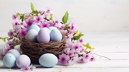  Easter basket with eggs and spring flowers on a white wooden background, a nest with painted eggs. Festive background, greeting card.happy Easter. Easter background with space to copy.