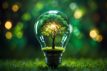 light bulb with illuminated tree inside sitting on green grass with blurry green dark bokeh background. Earth hour energy saving and emission reduction green environmental protection saving