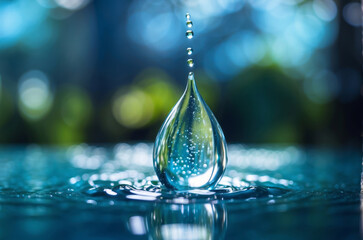 drops of water in fresh blue watery bokeh background, World Water Day banner concept with copy space