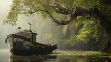 Old Abandoned River Boat On The Lake Deep In The Jungle