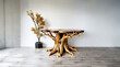 elite unique table made of solid wood with gold plating and epoxy resin, leg in the shape of a tree trunk