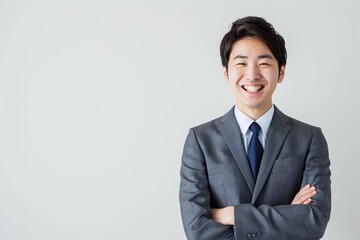 正面の笑顔の日本人の男性ビジネスマンのポートレート写真（白背景・サラリーマン・スーツ・若手・新人・新入社員）