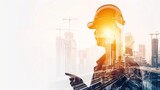 Fototapeta  - Double exposure of engineer in safety helmet with oil plant. The synergy of industrial, technology, safety, and environmental work concepts. Generative Ai
