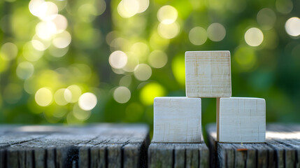 Pyramid from three blank wooden cubes for different concepts on wooden table with blured green folliage, Mockup, Copy space for text.