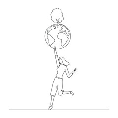 Wall Mural - Continuous single line sketch drawing of happy woman holding earth globe and plant tree save world environment. One line art of protect nature ecology earth care world day vector illustration