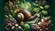 A digital painting of a snail in a botanical garden