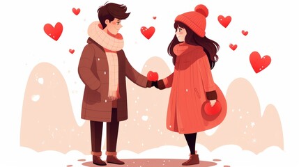 Wall Mural - Set Love couple, cute boy and girl together,isolated on white. valentine love woman and man winter png like style