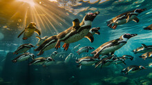 Diving Penguin Herd. Ocean Underwater With Marine Animals. Sun Rays Passing Through The Water Surface. Wroclaw, Poland. Zoo, Humboldt Penguin Is Swimming In The Pool, Swimming Marine Life Underwater 