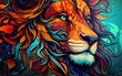 Abstract lion head close up with tangled doodle elements. Full color illustration. generative ai
