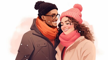 Wall Mural - Diversity. Portrait of a multiracial multicultural young couple. valentine love woman and man winter png like style