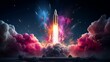 Vibrant rocket launch creatively depicted with a burst of pink particles