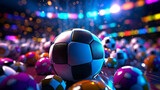 Fototapeta Sport - Dynamic representation of various sports balls with a digital, futuristic stadium background