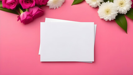 White sheet, letterhead, invitations on a pink background with flowers.