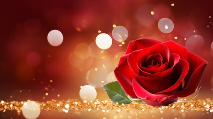 Sticker - Card or banner on Valentine's Day in gold with a red rose in the shape of a heart on a red background and circles in bokeh effect. valentine love woman and man winter png like style