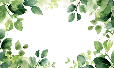 Canvas Print - Green leaves watercolor background invitation template, Generative AI