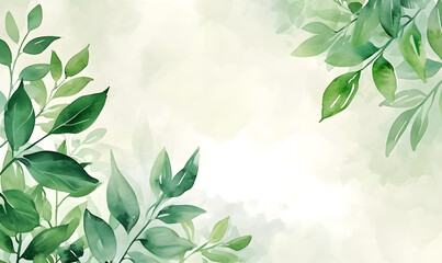 Green leaves watercolor background invitation template, Generative AI