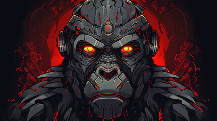 illustration of a gorilla robot with a cool design with red eyes without a background 