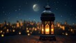 Traditional lantern illuminates a peaceful ramadan night with a mosque silhouette against a crescent moon