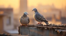 Pair Of Pigeons Rest On A Rustic Rooftop, A Snapshot Of Urban Wildlife