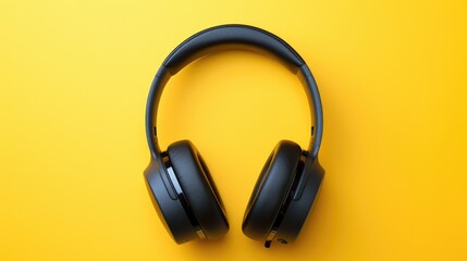 Black headphones are on a yellow background