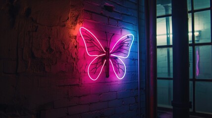 Wall Mural - A neon erfly encased in a gl box shines bright against a dark wall symbolizing transformation and growth