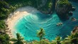 Aerial view of a tropical beach with a hidden pirate cove, treasure scattered along the shore, palm trees swaying