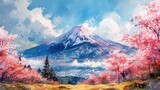 Whimsical portrayal of Mount Fuji in watercolors, with blooming sakura trees in the foreground, dreamy and poetic â€“v 6 --ar 16:9 --stylize 300 --v 6 Job ID: a8bf2d1d-3a64-4625-8bd7-35dd371e8728
