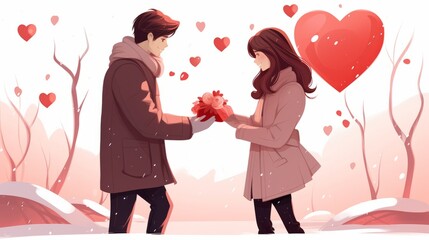 Wall Mural - Illustration of a man gives a woman a gift.. valentine love woman and man winter png like style