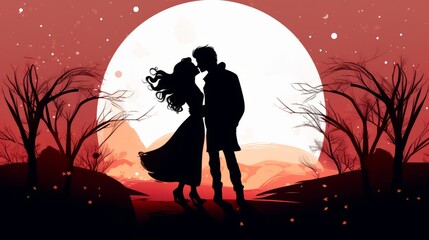 Wall Mural - Couples in love silhouette, romantic background and full moon. valentine love woman and man winter png like style