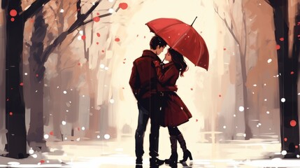 Wall Mural - Love couple rendezvous under the rain.. valentine love woman and man winter png like style