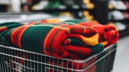 Poster - A vibrant, striped blanket folded neatly in a shopping cart, ready for purchase in a store setting.