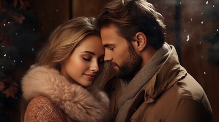 Wall Mural - A woman is putting her head on a man's shoulder like a couple while wearing winter clothes on a brown background. valentine love woman and man winter png like style