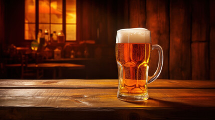 A single frothy beer mug on a rustic wooden table with a warm, inviting pub atmosphere in the background.