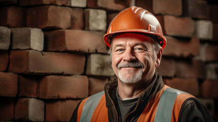 Friendly, experienced builder in a hard hat and high-visibility jacket smiling confidently at a construction site.